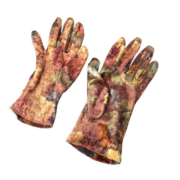 Vintage Accessories - Vintage 90s Velvet Soft Tone Floral Print Gloves